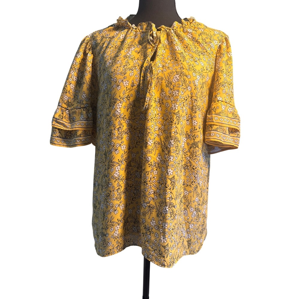 Max Studio Mustard Yellow Floral Ruffle Neck Tassel Tie Blouse XL Boho Top